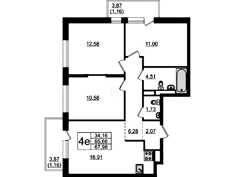 3-комнатная квартира 67.98 м², 11/12 эт., ЖК «Новые Лаврики»